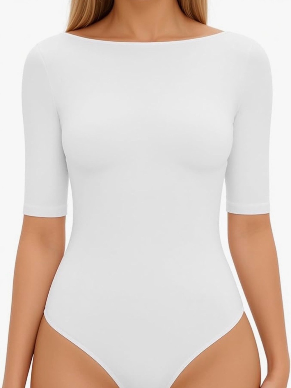 Mango White Boatneck Elbow-Sleeve Bodysuit